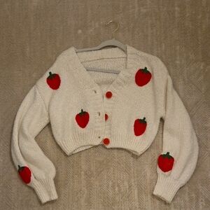 Strawberry Patterned Cream Sweater